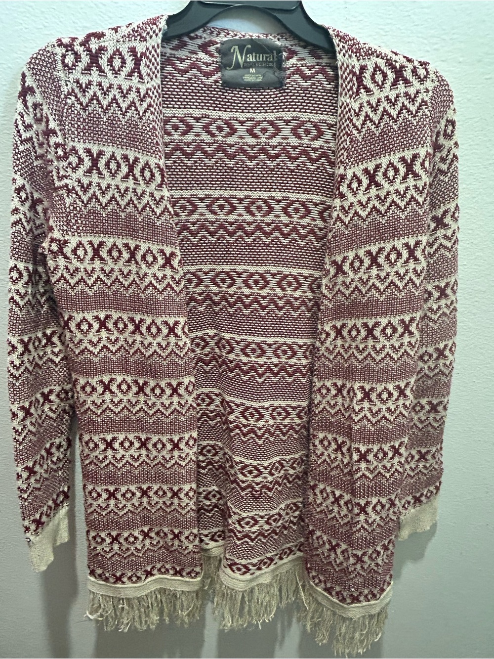 Natural Reflections Maroon and Cream Open-Front Patterned Cardigan with Fringe